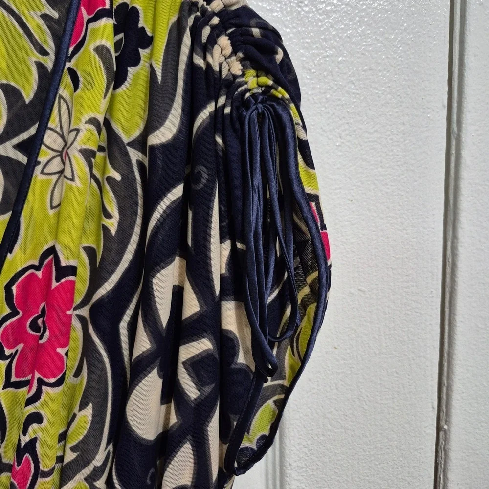 Hale Bob Floral Mesh Ruched V-Neck Dress Navy Pink Lime Womens Small